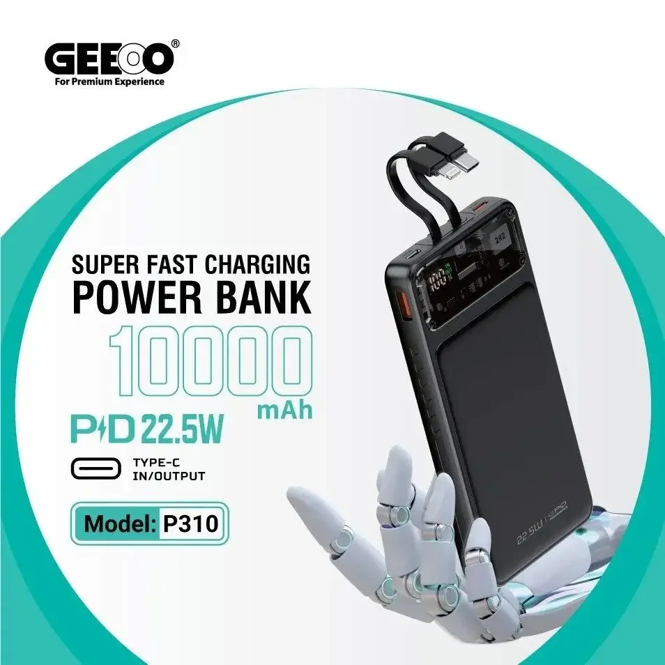 product_11392_main Geeoo P310 Power Bank featuring a compact premium 10000mAh fast charging external battery block with an integrated 3-in-1 triple cable design flat layout and a clean numeric digital LED percentage display on the front shell structure