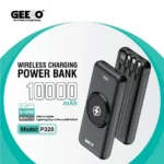 Geeoo P320 Wireless Power Bank featuring a compact premium 10000mAh portable external battery block with an integrated wireless charging surface, attached cables flat layout, and a clean numeric digital LED percentage display