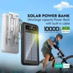 Geeoo P330 Solar Power Bank featuring a compact premium 10000mAh portable external battery block with an integrated eco solar panel matrix, attached cables flat layout, and a clean numeric digital LED percentage display