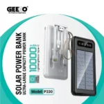 Geeoo P330 Solar Power Bank featuring a compact premium 10000mAh portable external battery block with an integrated eco solar panel matrix, attached cables flat layout, and a clean numeric digital LED percentage display