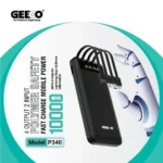 Geeoo P340 Power Bank featuring a compact premium 10000mAh portable external battery block with an integrated four-cable flat layout, multi-port interface, and a clean numeric digital LCD percentage display