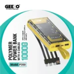 Geeoo P350 Transparent Power Bank featuring a compact premium 10000mAh portable external battery block with an integrated see-through cyber industrial armor shell housing, four attached output cables, and a clear numeric digital LED display readout panel