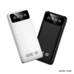 GEEOO P300 Power Bank featuring a compact premium 10000mAh portable external battery block with an integrated attached cable layout, multi-port interface, and a clean numeric digital LED percentage display