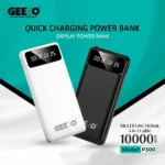 GEEOO P300 Power Bank featuring a compact premium 10000mAh portable external battery block with an integrated attached cable layout, multi-port interface, and a clean numeric digital LED percentage display