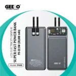 Geeoo P410 22.5W 20000mAh Power Bank featuring a compact premium portable external battery block with an integrated multi-cable layout, high-speed 22.5W USB and Type-C interfaces, and a clean numeric digital LCD percentage display