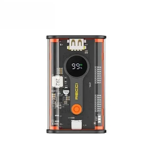 RECCI RPB-P35 Mars Series Power Bank featuring a premium compact 10000mAh portable external battery block with a fully transparent body chassis showing internal circuitry and a digital display screen