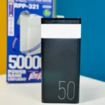 Remax RPP-321 Chinen Series 50000mAh Power Bank retail packaging block showing the massive portable white battery station with built-in carry strap and status indicators