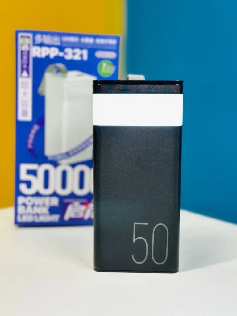 Remax RPP-321 Chinen Series 50000mAh Power Bank retail packaging block showing the massive portable white battery station with built-in carry strap and status indicators