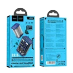 Hoco J105 Discovery Edition 22.5W 10000mAh Power Bank packaging in blue and green variations displaying the crystal fast charging mini power bank with its internal battery cells and digital display visible