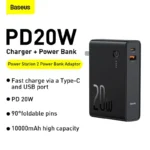 Baseus Power Station 2 Power Bank premium high capacity heavy duty 10000mAh portable 20W fast charging wall adapter external backup block battery showing clean Black housing body layout with foldable CN plug view]