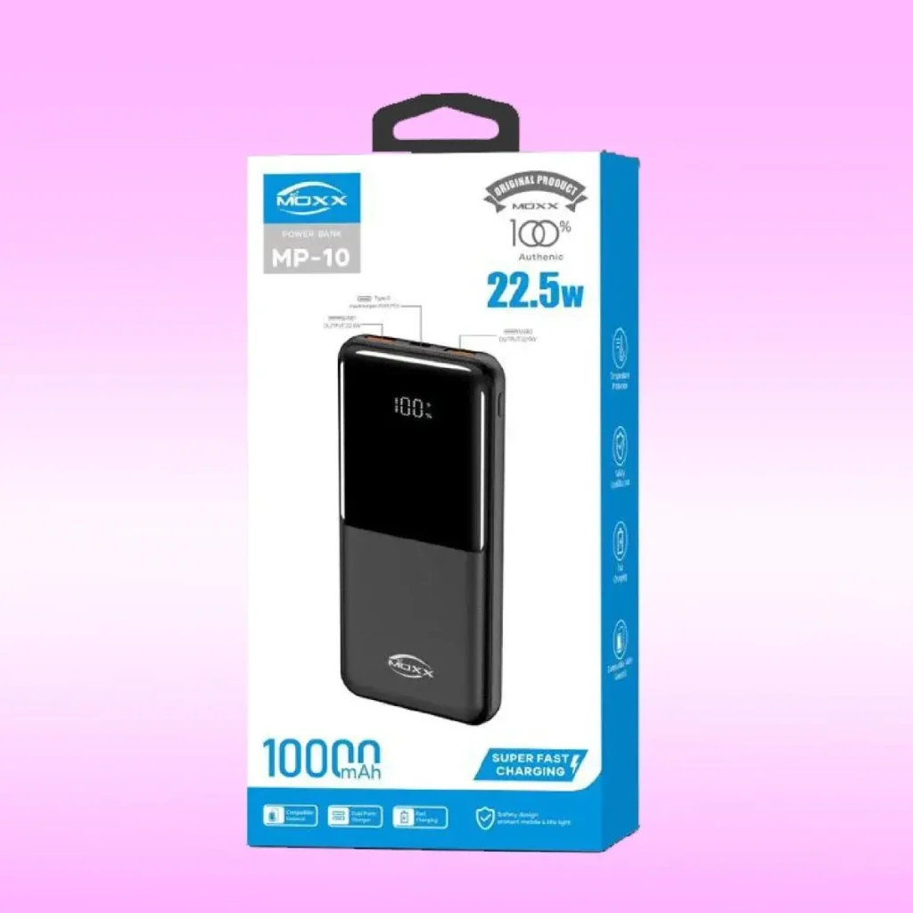 MOXX MP-PB10 Power Bank premium high capacity heavy duty 10000mAh portable 22.5W fast charging smartphone external backup block battery showing clean Black housing body layout with glossy digital display view]