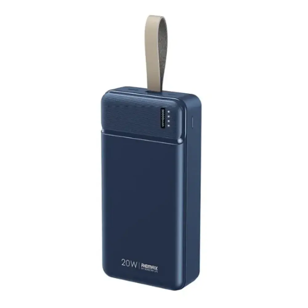 product_11924_main Remax RPP-289 20W 30000mAh fast charging power bank showing its robust matte body design, built-in hand lanyard, and LED battery indicators