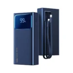 Remax RPP-571 30000mAh fast charging power bank showing its large digital display screen on the front face and integrated dual cables stored cleanly on the back
