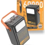 HOCO J110A 60000mAh Power Bank premium high capacity heavy duty 65W laptop portable power station brick retail box packaging layout in orange and white showing dark gray vertical body block with a large integrated rectangular white led lamp panel orange silicone carry handle strap and top multi-port array view]