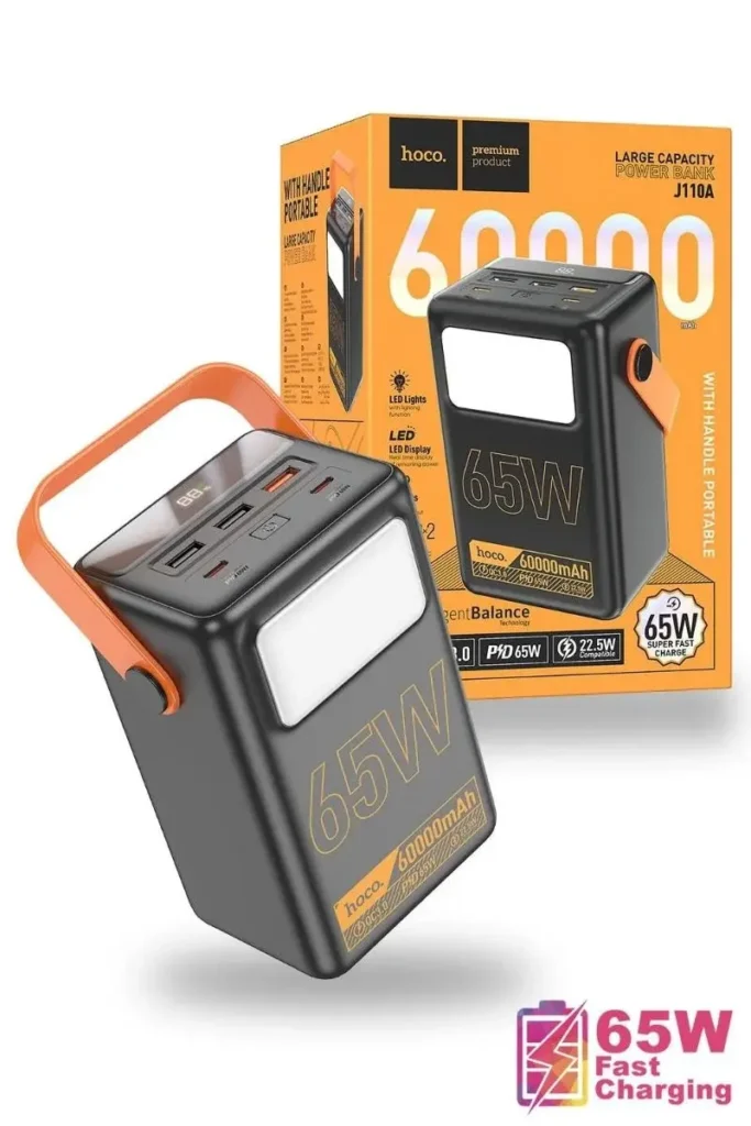 HOCO J110A 60000mAh Power Bank premium high capacity heavy duty 65W laptop portable power station brick retail box packaging layout in orange and white showing dark gray vertical body block with a large integrated rectangular white led lamp panel orange silicone carry handle strap and top multi-port array view]