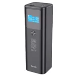 HOCO Q17 25000mAh Power Bank premium high capacity flagship 140W laptop fast charging portable power bank block retail packaging box layout showing sleek space gray brushed metal aluminum chassis body block with clear blue rectangular interactive tft color display reading output diagnostic variables and top dual usb-c layout view]