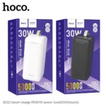 HOCO J111D 50000mAh Power Bank premium high capacity heavy duty 30W portable fast charging power bank block retail packaging box layout in purple and white showing clean black and white minimalist vertical housing bodies with a small multi-dot led power indicator and a top leather loop strap view]