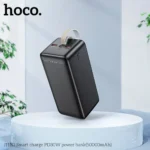 HOCO J111D 50000mAh Power Bank premium high capacity heavy duty 30W portable fast charging power bank block retail packaging box layout in purple and white showing clean black and white minimalist vertical housing bodies with a small multi-dot led power indicator and a top leather loop strap view]