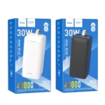 HOCO J111C 40000mAh Power Bank premium high capacity heavy duty 30W portable fast charging power bank block retail packaging box layout in blue and white showing clean black and white minimalist vertical housing bodies with a small multi-dot led power indicator and a top leather loop strap view]