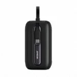 Joyroom JR-L012 10000mAh premium high capacity pocket mini travel portable fast charging power bank from Colorful Series in sleek matte black showing rounded micro housing body layout integrated dual type-c and lightning output cables design format top loop carry strap and glossy vertical mirror faceplate led digital battery status metrics view]