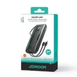 Joyroom JR-L017 10000mAh premium high capacity rugged travel portable fast charging power bank block in tactical black showing cyber armor shell body layout with neon line accents square mirror faceled digital battery percentage reader and dual built-in output cables coming from base graphics view]