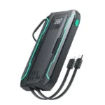 Joyroom JR-L017 10000mAh premium high capacity rugged travel portable fast charging power bank block in tactical black showing cyber armor shell body layout with neon line accents square mirror faceled digital battery percentage reader and dual built-in output cables coming from base graphics view]