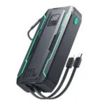 Joyroom JR-L018 20000mAh premium high capacity rugged travel portable fast charging power bank block in tactical black showing cyber armor shell body layout with neon line accents square mirror face led digital battery percentage reader and dual built-in output cables coming from base graphics view]