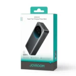 Joyroom JR-PBF05 30000mAh premium high capacity 65W laptop fast charging portable power bank brick from super fast charging series retail box packaging layout showing sleek dark gray tower block shell body layout with distinctive circular blue ringed led digital battery percentage status monitor screen view]