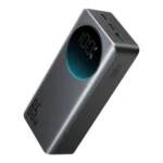 Joyroom JR-PBF05 30000mAh premium high capacity 65W laptop fast charging portable power bank brick from super fast charging series retail box packaging layout showing sleek dark gray tower block shell body layout with distinctive circular blue ringed led digital battery percentage status monitor screen view]