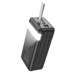 Hoco J86B 60000mAh Power Bank premium high capacity heavy duty portable fast charging power station brick from Electric Series retail packaging boxes layout in white and black color variants showing rugged structural tower housing framework integrated durable leather handle strap four usb-a output slots array and vertical mirror status display view]