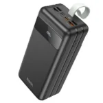 Hoco J86B 60000mAh Power Bank premium high capacity heavy duty portable fast charging power station brick from Electric Series retail packaging boxes layout in white and black color variants showing rugged structural tower housing framework integrated durable leather handle strap four usb-a output slots array and vertical mirror status display view]