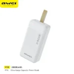 Awei P7K 30000mAh Power Bank premium high capacity heavy duty travel portable fast charging power bank block retail packaging boxes in yellow and white theme layout showing dark gray textured rugged chassis body block dual input interfaces and dual usb-a output port array view]
