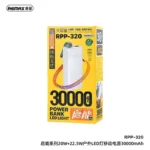 Remax RPP-320 30000mAh premium high capacity heavy duty travel portable fast charging power bank block from Chinen Series in white color options showing rugged chassis layout integrated flexible carry strap loop top panel multi ports array and bright front face emergency led flashlight lamp panel graphics view]