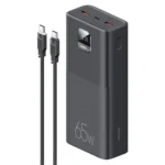 USAMS-AT 65W 30000mAh premium high capacity heavy duty laptop portable fast charging power bank kit from Yattu Series in dark gray showing sleek two-tone textured armor housing body layout glossy front mirror display tracking battery percentages and dual standalone heavy duty 100W type-c to type-c charging cables side view]