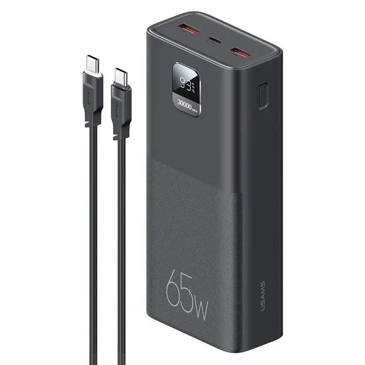 USAMS-AT 65W 30000mAh premium high capacity heavy duty laptop portable fast charging power bank kit from Yattu Series in dark gray showing sleek two-tone textured armor housing body layout glossy front mirror display tracking battery percentages and dual standalone heavy duty 100W type-c to type-c charging cables side view]