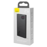 Baseus Adaman 10000mAh 22.5W premium high capacity travel portable metal quick charging power bank in black showing laser etched 22.5W branding luxury aluminum alloy chassis body layout and teardrop circular smart digital led indicator display tracking energy percentages view]