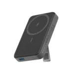Anker 333 MagGo 10000mAh premium high capacity portable wireless magnetic travel power bank model A1652 showing circular magsafe snap alignment ring pattern layout premium matte housing shell and built-in folding metal utility kickstand mechanism view]
