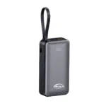 Moxx 10000mAh Built-in Cable premium high capacity slim travel fast charging power bank with integrated type-c cable 22.5w integrated lightning cable 20w pd extra usb-a output port safe fire retardant outer frame and smart front digital led percentage monitor block view]
