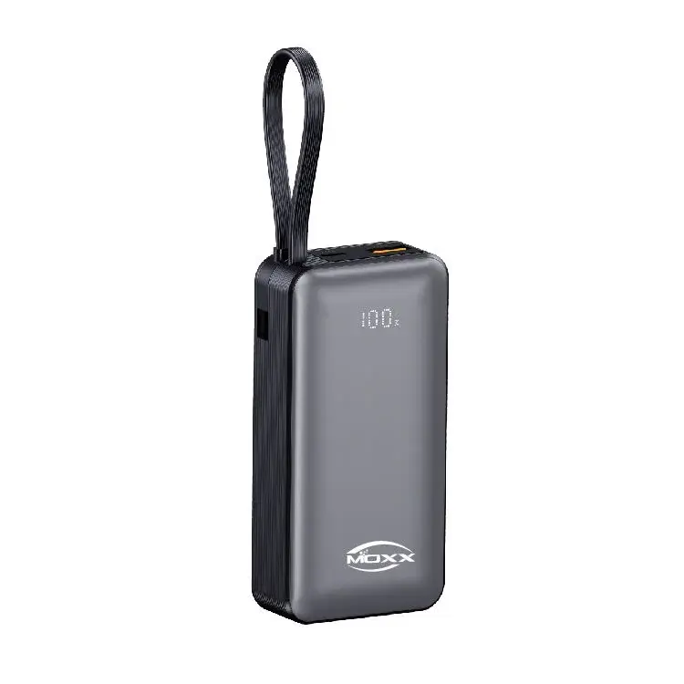 Moxx 10000mAh Built-in Cable premium high capacity slim travel fast charging power bank with integrated type-c cable 22.5w integrated lightning cable 20w pd extra usb-a output port safe fire retardant outer frame and smart front digital led percentage monitor block view]