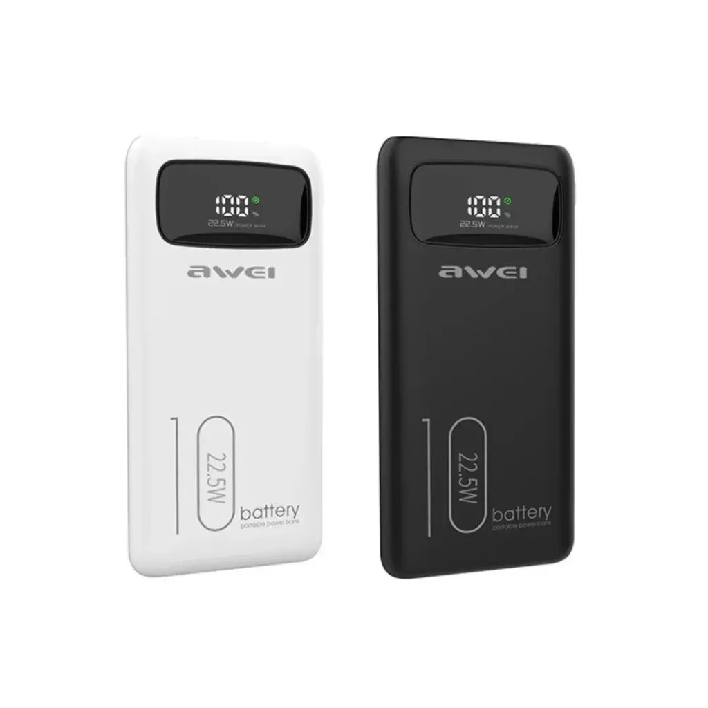 Awei P168K 10000mAh premium high capacity travel pocket fast charging power bank with integrated type-c cable 22.5w integrated lightning cable 20w pd additional hardware interface slots safe fire retardant body shell and neat led digital mirror percentage readout block view]