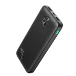 Joyroom JR-PBF15 10000mAh premium high capacity travel slim fast charging power bank in black featuring a unique circular metallic ring smart led digital display multi port interface layout and elegant non slip micro textured scratch resistant outer finish shell view]