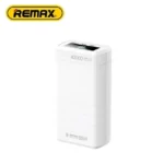 Remax RPP-310 40000mAh premium high capacity 65w power delivery laptop and smartphone fast charging portable power bank in white featuring a multi port configuration clear smart digital led battery status layout and rugged drop proof outer industrial shell view]
