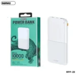 Remax RPP-23 10000mAh White premium high capacity slim portable travel fast charging power bank from lango ii series featuring dual usb-a outputs dual input ports fire retardant compact outer body case and clear four tier led battery indicator grid layout view]