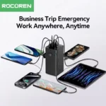 Rocoren 50000mAh 22.5W Power Bank premium high capacity heavy duty travel portable charging tower block in black featuring multiple 6 output ports layout robust integrated carry strap handle smart led digital charge level indicators and wide built-in bright emergency outdoor flashlight view]