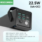 Rocoren 50000mAh 22.5W Power Bank premium high capacity heavy duty travel portable charging tower block in black featuring multiple 6 output ports layout robust integrated carry strap handle smart led digital charge level indicators and wide built-in bright emergency outdoor flashlight view]