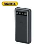 Remax RPP-11 20000mAh premium high capacity travel portable fast charging power bank in black featuring twin high-speed usb-a output slots dual input pathways ergonomic micro dotted anti slip external skin texture and glossy horizontal segmented led capacity percentage scale block view]