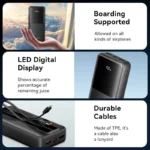 Vention FHPB0 20000mAh premium high capacity travel fast charging power bank with built-in type-c cable 22.5w built-in lightning cable pd 20w additional type-c port standalone usb-a port rugged shockproof frame and smart led digital mirror percentage screen view]