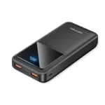 Vention FHLB0 20000mAh premium high capacity portable fast charging power bank in black with 22.5w super fast dual usb-a output ports pd 20w type-c bidirectional interface rugged anti slip textured shell and shiny smart led digital mirror percentage tracking screen view]