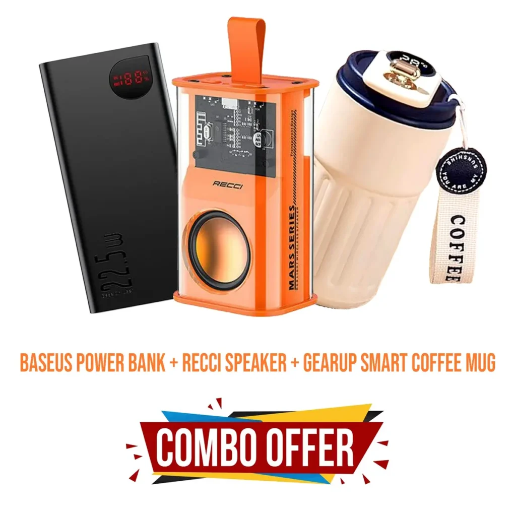 Travel Combo Offer premium high capacity portable holiday bundle consisting of baseus 22.5w 20000mah fast power bank recci rsk-w30 transparent rgb wireless bluetooth speaker and intelligent double wall stainless steel vacuum smart coffee mug thermos with touch led temperature display sensor cap view]