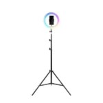 Havit ST7026 RGB Ring Light with Tripod Price in BD - Front view of Havit ST7026 RGB LED ring light displaying colorful lighting effects mounted on tripod
